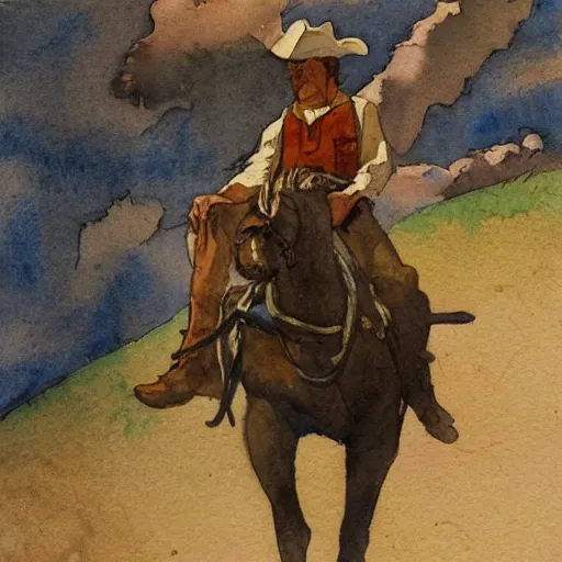 Image similar to a watercolor painting of a cowboy riding a dinosaur in the style of n. c. wyeth and in the style of james gurney.