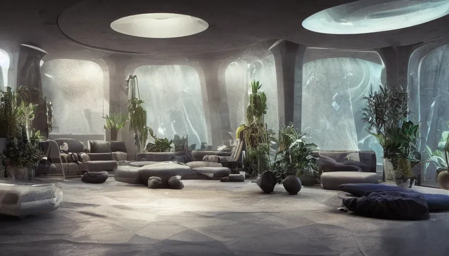 Image similar to a futuristic apartment interior in the style of a marble cave, luxury, plants, high ceiling, dark moody lighting, foggy atmosphere, 16mm lens, by craig mullins, octane rendering
