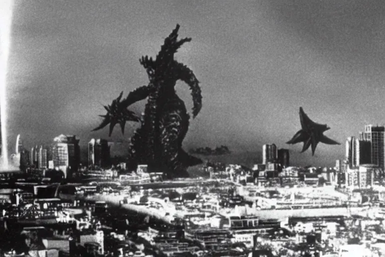 Image similar to a filmstill of Kim Jong-il and a Starro Kaiju monster destroying Pyongyang, in Godzilla (1954) by Ishirō Honda, traditional Korean city, palace, epic ultrawide shot, cinémascope