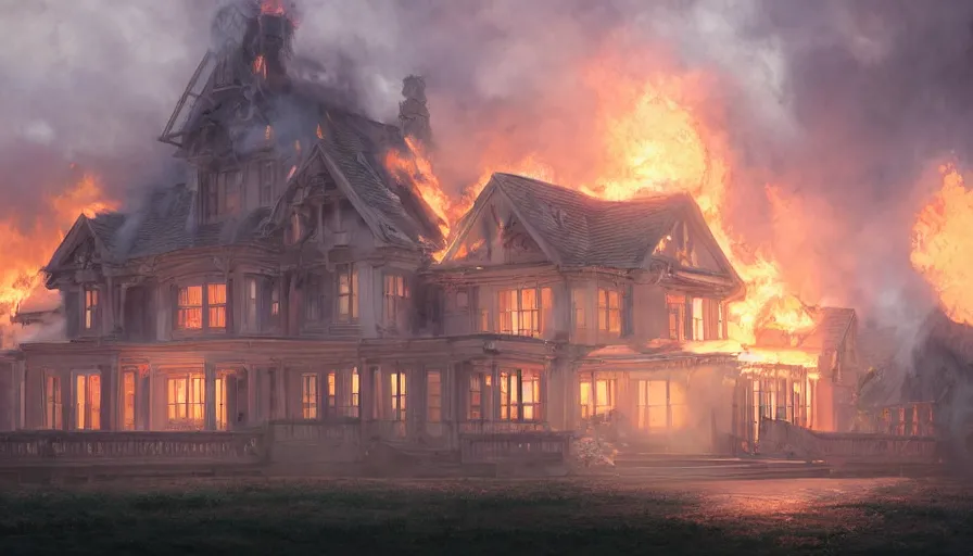 Prompt: A highly detailed matte painting of a white mansion engulfed in flames, by Studio Ghibli, Makoto Shinkai, by Artgerm, by WLOP, by Greg Rutkowski, volumetric lighting, octane render, 4K resolution, trending on artstation, masterpiece