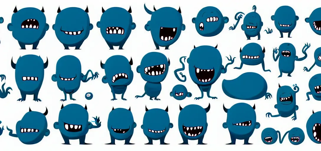 Prompt: cute monster, character design, character sheet, facial expressions, gestures, emotions, vector art, illustration, toy, cel shaded, 2 d, digital art, sharp focus, stylized, illustration, art by mike mignola, neutral face, short blue hair, long nose, small eyes, long legs, big belly, no ears, no horns, no tail,