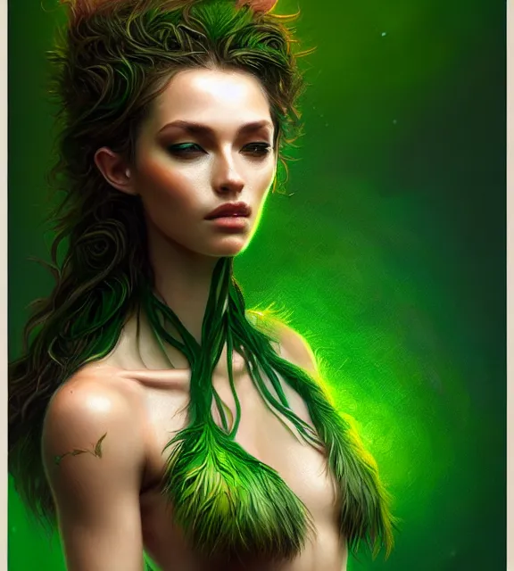 Prompt: beautiful female tree with bark skin wearing green leaf halter top, perfect face, dark green leaf hair, with abs, cinematic, blush, stunning, elegant, highly detailed, psychedelic, digital painting, artstation, smooth, hard focus, illustration, art by jessica rossier and and brian froud