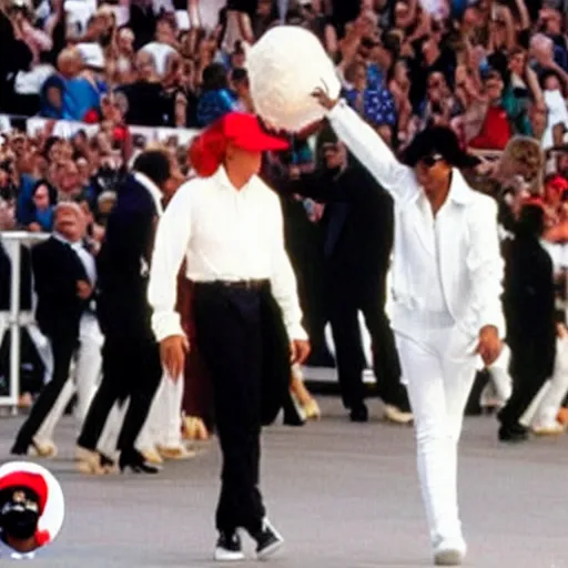 Prompt: Donald Trump wearing a moonwalking Michael Jackson as a hat