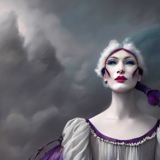 Image similar to picture generation, soft painting curiosities carnival, beautiful cat head mutation in full long dress, accurate features, focus, very intricate ultrafine details, black white purple volumetric clouds, award winning masterpiece, octane render 8 k hd, tom bagshaw artstyle