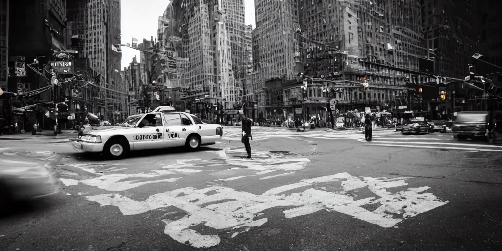 Image similar to spongebob hailing a taxi in manhattan, shallow depth of field, canon eos r 3