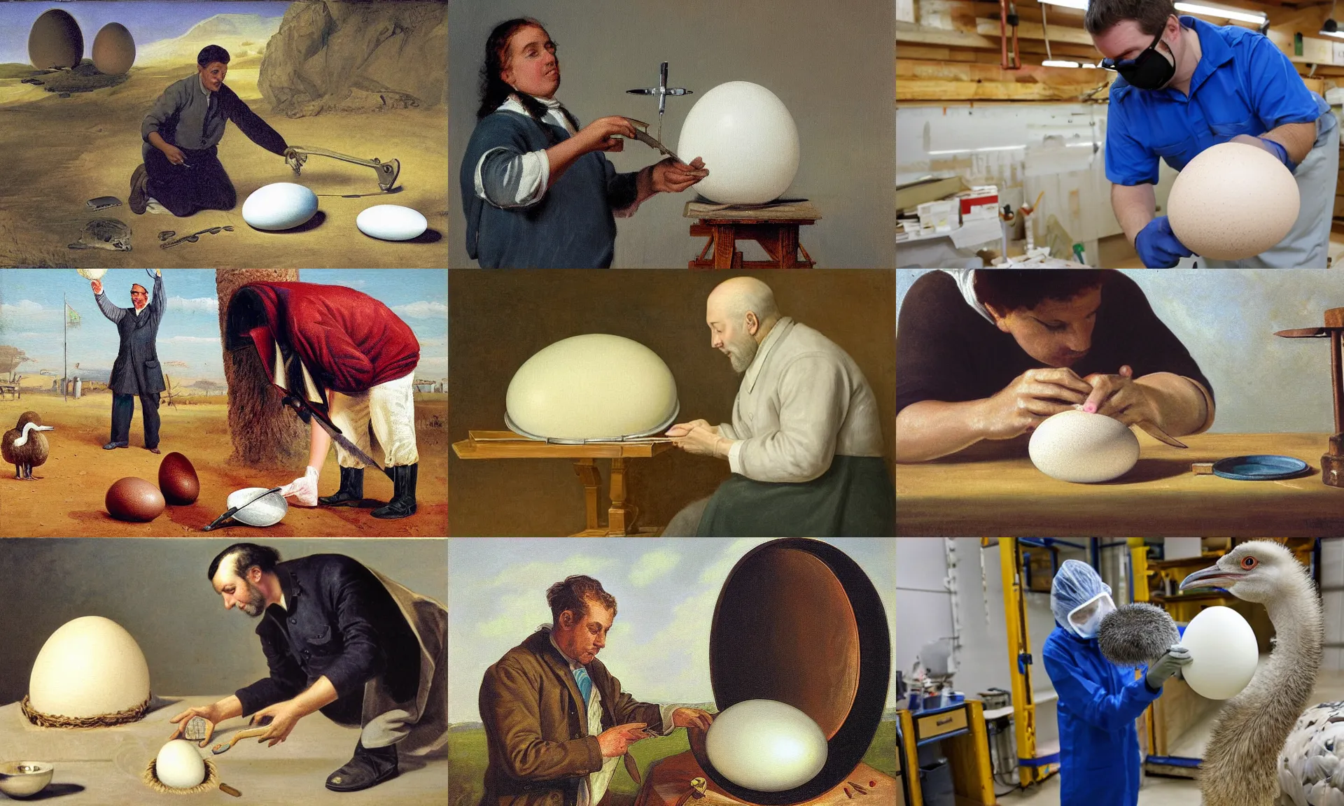 Prompt: researcher inspects an ostrich egg using large calipers, painting