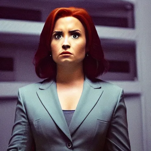 Prompt: close-up of Demi Lovato as Dana Scully in an X-Files movie directed by Christopher Nolan, movie still frame, promotional image, imax 35 mm footage