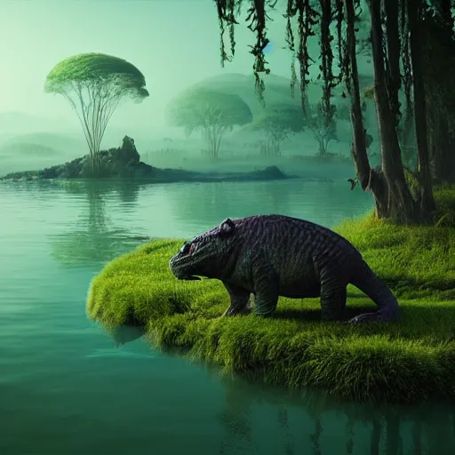 Prompt: dangerous creature lurking, eyes visible. a large body of water with green algae in it, a matte painting by filip hodas, cg society contest winner, environmental art, matte painting, volumetric lighting, cryengine