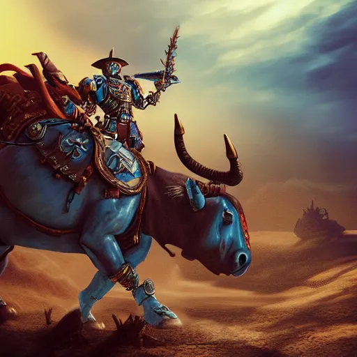 Prompt: warhammer 40k, closeup of a cowboy riding a giant blue bull in the desert, atmospheric, dramatic sky, digital art, illustration, fine details, cinematic, highly detailed, octane render, unreal engine, concept art, artstation
