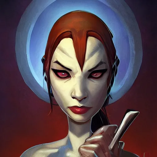 Prompt: a beautiful print. she could have been bred from a shark and a hatchet. black eyes, sharp features, lips so thin they might as well not have existed. incandescent by tyler edlin, by stuart immonen