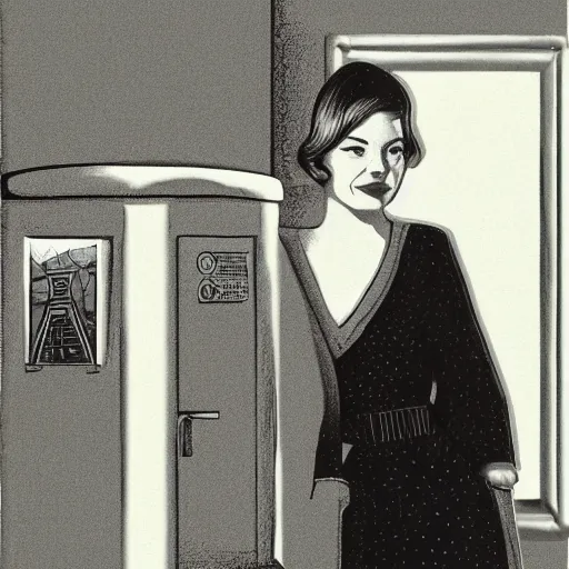 Image similar to emma stone in soviet public toilet, sharp focus, detailed, art by grant wood