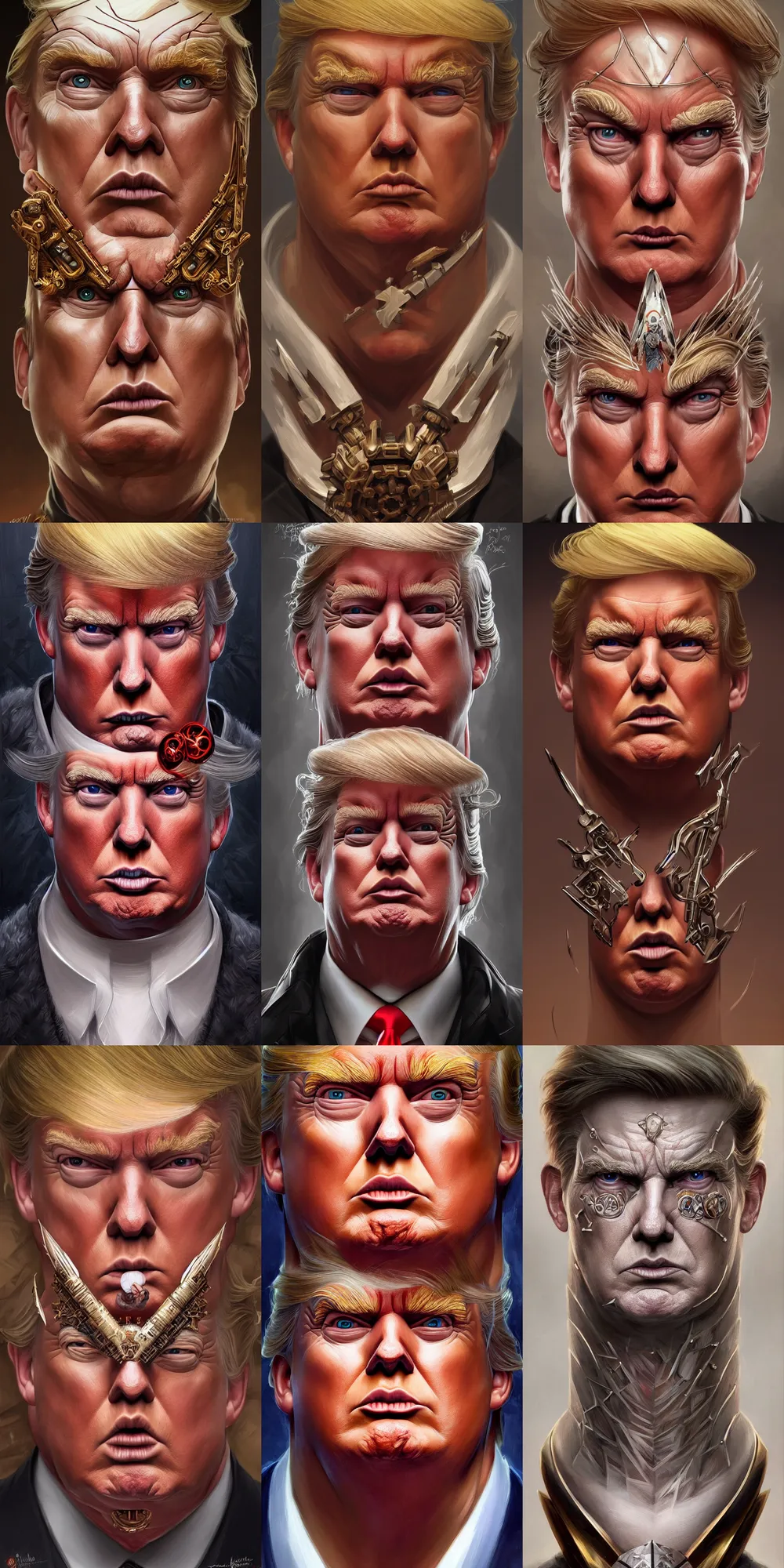 Prompt: symmetry!! portrait of donald trump in the style of god of war, machine parts embedded into face, intricate, elegant, highly detailed, digital painting, artstation, concept art, smooth, sharp focus, illustration, art by artgerm and greg rutkowski and alphonse mucha, 8 k