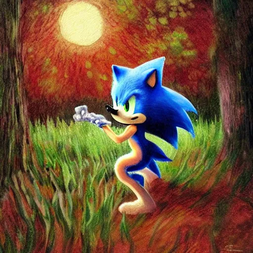 Image similar to sad painting of detailed realistic sonic the hedgehog in the woods at night, in the style of studio ghibli and moebius and claude monet and edward hopper and vincent van gogh