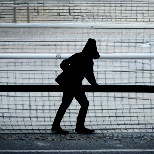 Image similar to a mysterious figure inspecting a german traffic barrier