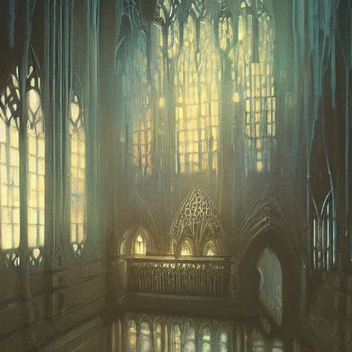 Image similar to detailed painting of bladerunner interior room with celestial ephemeral ornaments and gothic architecture, artstation, beksinski, cinematic