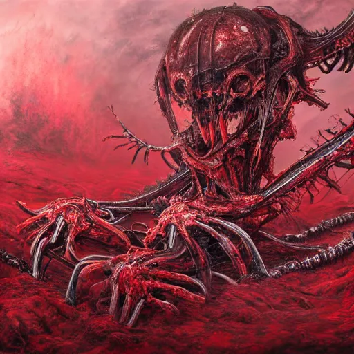 Prompt: landscape artwork of two demons entwined emerging from corpses in a red hellscape covered in blood by Yoshitaka Amano, by HR Giger, full body wide shot, biomechanical, 4k, hyper detailed, hyperrealism, anime, red sky, blood and body parts, deviantart, artstation