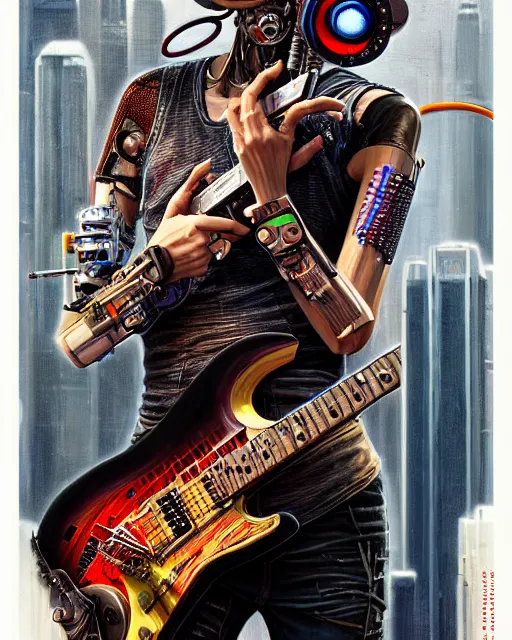 Image similar to a portrait of an anthropomorphic cyberpunk woolf shredding an electric guitar by sandra chevrier, by jon foster, detailed render, tape deck, epic composition, cybernetics, 4 k realistic, cryengine, realistic shaded lighting, sharp focus, masterpiece, by enki bilal