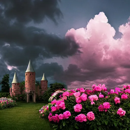 Prompt: Garden castle,Many flowers,A few roses,clouds, dramatic clouds above, pink,dreamy ultra wide shot, atmospheric, hyper realistic, 8k, epic composition, cinematic, octane render, artstation landscape vista photography by Carr Clifton & Galen Rowell, 16K resolution, Landscape veduta photo by Dustin Lefevre & tdraw, 8k resolution, detailed landscape painting by Ivan Shishkin, DeviantArt, Flickr, rendered in Enscape, Miyazaki, Nausicaa Ghibli, Breath of The Wild, 4k detailed post processing, artstation, rendering by octane, unreal engine