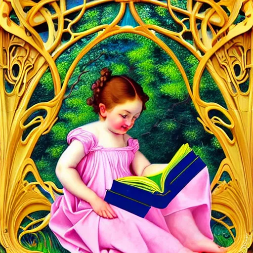 Prompt: hyperdetailed portrait of a beautiful happy child reading a book, under a big tree. toys nearby. art nouveau rococo baroque in the style of caravaggio. maximalist unexpected elements hd 8 x matte background in vibrant vivid pastel colour textures