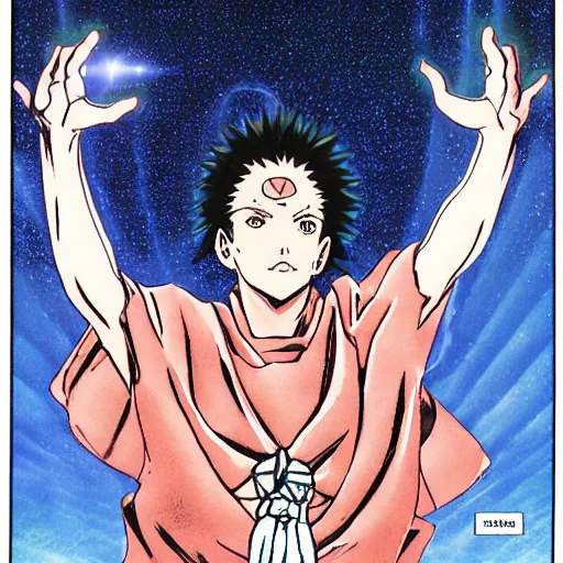 Image similar to a powerful psychic man emitting psychic powers, by hirohiko araki,