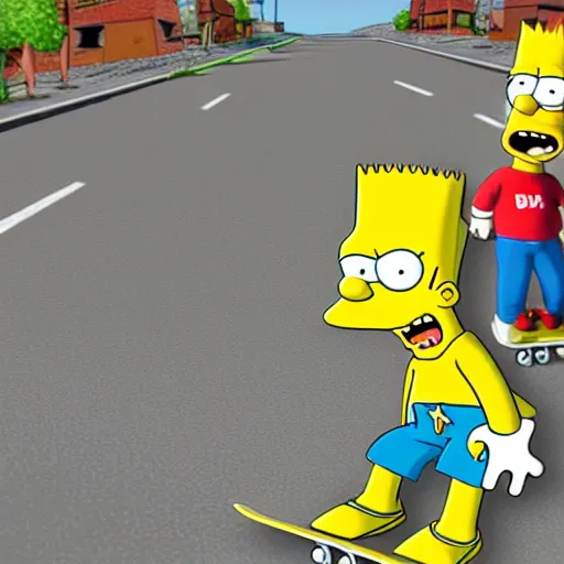 Image similar to 3D realistic (Bart Simpson) skateboarding around a neighborhood full of obstacles, nosey neighbors, nuclear power plant in the distance