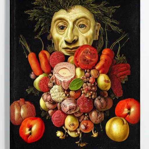 Prompt: Giuseppe Arcimboldo's fruit and vegetable portrait of Nicolas Sarkozy