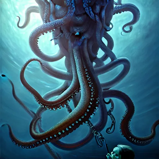 Image similar to a dream fantasy painting of a man trapped by a tentacles of a giant octopus in the deep of the ocean, by beksinki, giger, greg rutkowski, carne griffith trending on artstation, deviantart, photorealism