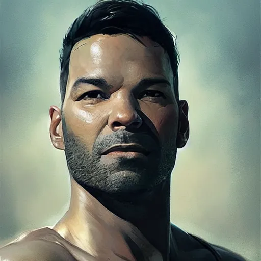 Prompt: portrait of a bald ricky martin, brazilian, in mid thirties with gray designer stubble!!!!!!! by greg rutkowski, attractive, highly detailed portrait, scifi, digital painting, artstation, concept art, smooth, sharp foccus ilustration, artstation hq