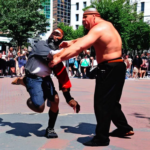 Image similar to mr. t street performer body slamming old man, detailed facial expressions