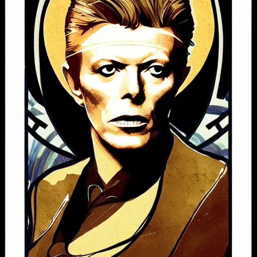 Image similar to david bowie as thomas newton the man who fell to earth, mucha style, art nouveau,