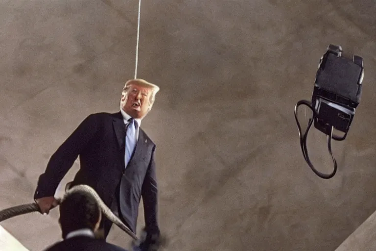 Image similar to movie still of donald trump in mission impossible hanging cable drop, photograph, tv show, cinematic