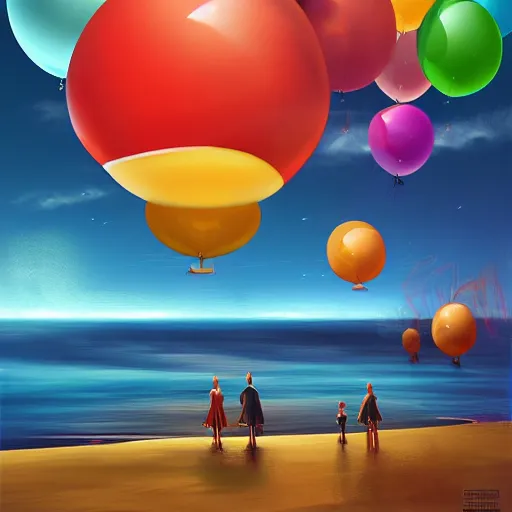 Prompt: digital art of plenty of giant birthday balloons floating above the sea. artstation cgsociety masterpiece