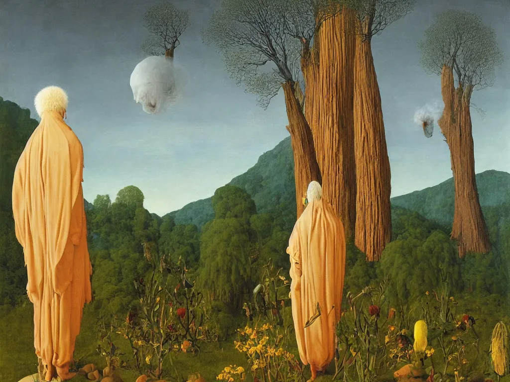 Image similar to albino mystic, with his back turned, with exotic beautiful chrysanthemum looking at a giant Sequoia forest burning with fire in the distance. Painting by Jan van Eyck, Audubon, Rene Magritte, Agnes Pelton, Max Ernst, Walton Ford