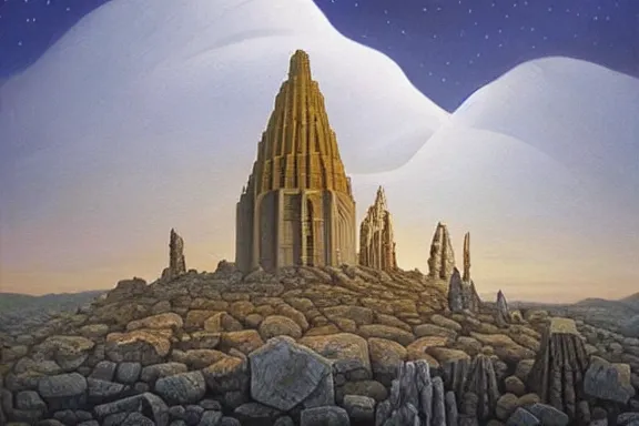 Prompt: the temple of truth is white, whole, holy and beautiful, but is surrounded by a crater of ruin and desolation. it's spire reaches up to the heavens and is topped with a gold statue. | painting by rob gonsalves. stark contrast. landscape painting. trending on artststion. matte painting