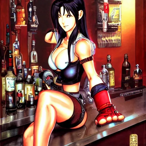 Prompt: tifa lockheart in her bar by masamune shirow