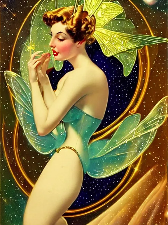 Prompt: Diana argon as tinkerbell glowing, a beautiful art nouveau portrait by Gil elvgren and Hajime Sorayama, moonlit starry sky environment, centered composition, defined features, golden ratio, gold jewlery, sheer silk