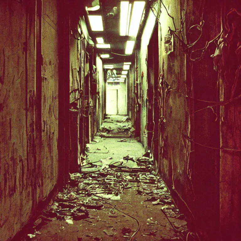 Prompt: dark decaying hallway in cyberpunk slums, wires and rebar hanging from ceiling and walls, crt televisions on the walls, neon colored fluorescent lighting, hooded person obscured by shadows walking, ambient lighting, vibrant colors, high detail, in the style of street photography, film grain, superia 400 film stock,