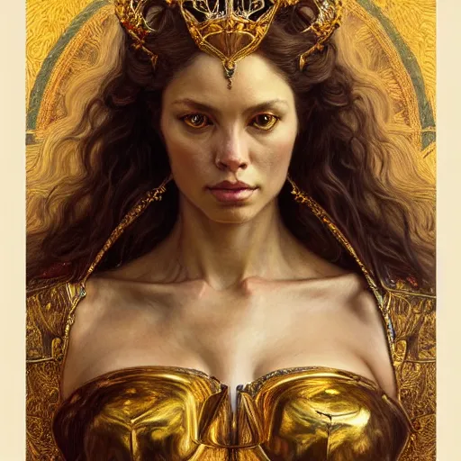 Image similar to highly detailed portrait of a majestic lioness queen in the form of a beautiful woman. d & d. art by donato giancola, eugene delacroix, ruan jia, ivan bilibin. trending on artstation, intricate details, energetic composition, golden ratio, concept art, illustration, elegant art, global illuminaition