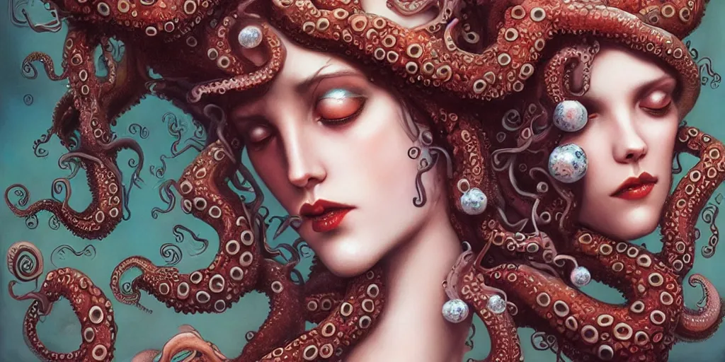 Prompt: queen of octopus with pearls embedded, nouveau, beautiful, by Anato Finnstark, Tom Bagshaw, Brom