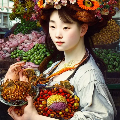 Image similar to a masterpiece ultrarealistic ultradetailed portrait of beautiful love fishmonger girl on fruits street market baroque renaissance. medium shot, intricate, elegant, by stanley artgerm lau, wlop, alphonse mucha, rossdraws, andrei riabovitchev, yoshitaka amano. flower background my james jeand and takashi murakami.