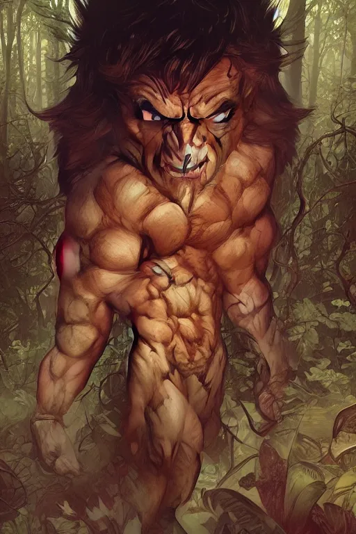 Image similar to portrait of boris johnson as a hulking herculean demon, forest, godlike, full body, fantasy, intricate, elegant, highly detailed, digital painting, artstation, concept art, sharp focus, illustration, art by artgerm and greg rutkowski and alphonse mucha