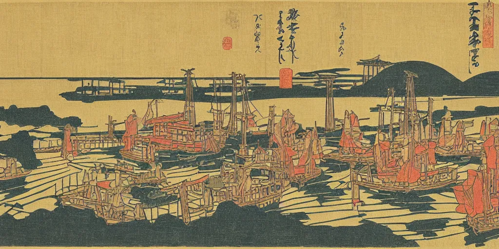 Image similar to woodblock print of a japanese harbor at midnight, beautiful lighting, deep colors, extremely intricate, hyper detailed, hd, edo period masterpiece