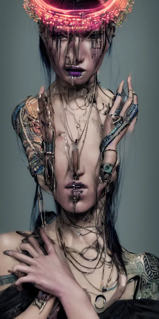 Image similar to hyperrealistic futuristic high fashion photography, girl in studio, full body, vogue magazine, nomad masterpiece, nano parts, neon lights, smoke, eerie music, beautiful intricate face and flawless skin, tribal jewelry, tattoos, perfect hands, head piece, by Edgar Maxence and Ross Tran and Michael Whelan, 8k, octane render