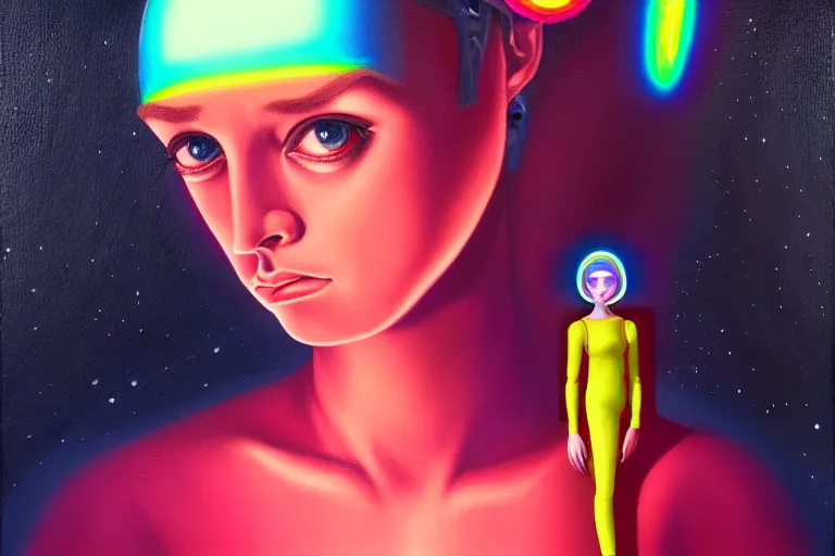 Image similar to patron saint of 🛸🌈👩🏾, futuristic clothing, neon god of city character portrait, in the style of margaret keane, moebius, tom bagshaw, and waterhouse, cinematic lighting, beautiful, elegant, oil painting,