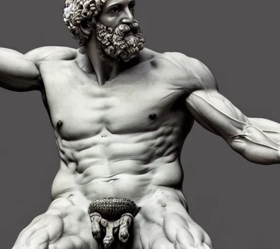 Image similar to a hyper-detailed marble status of Poseidon by Michelangelo; anatomically correct; an extraordinary masterpiece!!!; proud posture; photorealistic eyes; trending on artstation; f/1.4; 90mm