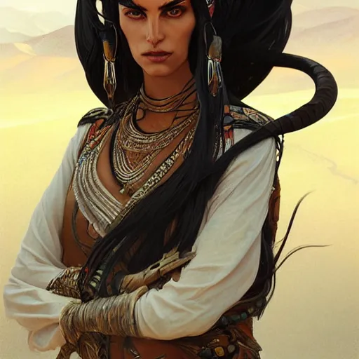 Prompt: portrait of a berber tiefling woman with long straight horns and black hair in a desert, strong, fierce, elegant, fantasy, highly detailed, digital painting, artstation, concept art, character art, art by greg rutkowski and tyler jacobson and alphonse mucha