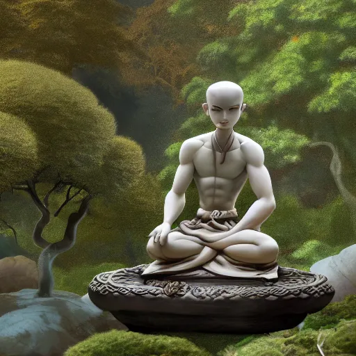 Image similar to marble statue of avatar aang meditating in a rococo japanese garden, cinematic shot, dramatic, oil painting by jama jurabaev, extremely detailed, brush hard, artstation, for aaa game, high quality, brush stroke