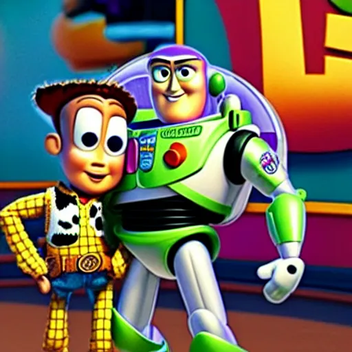 Image similar to Woody and Buzz Lightyear meet a Furby in Toy Story 5