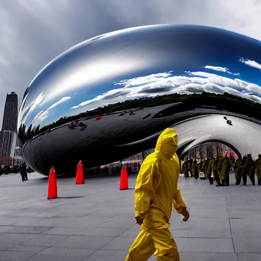 Prompt: chinese soldiers in hazmat suits carrying machine guns, detailed faces, cloud gate chicago, grey skies