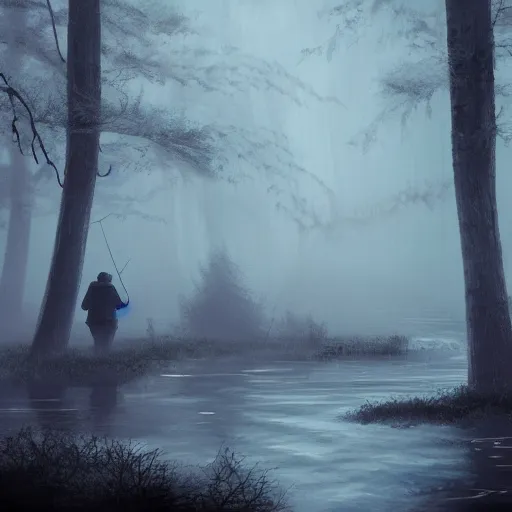 Prompt: concept, artistic swamp with mystic fog, fisherman with fishing rode, from horror movies, artstation, mysterious